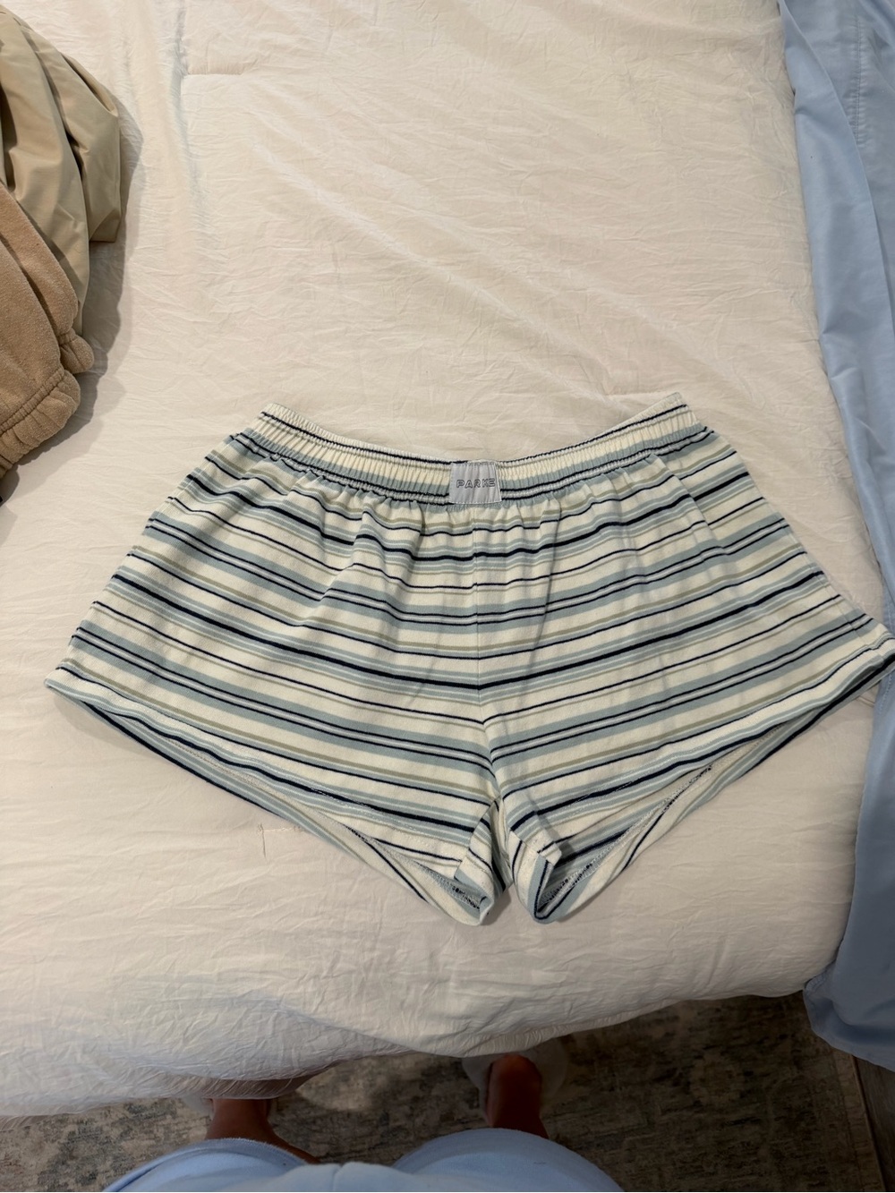 Striped Cotton Lounge Shorts in Light Blue and White